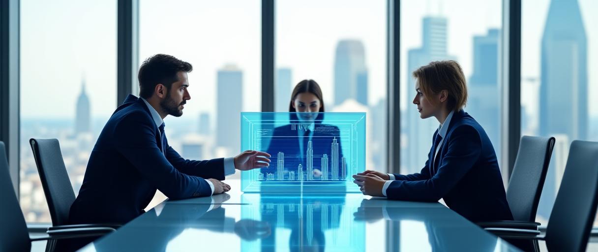 Odyssey Eos team collaborating in a modern boardroom with analytical data displays