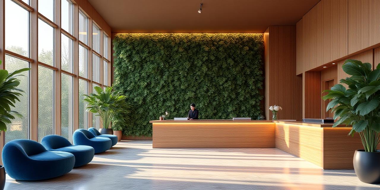 Modern eco-friendly luxury hotel lobby with energy-efficient lighting