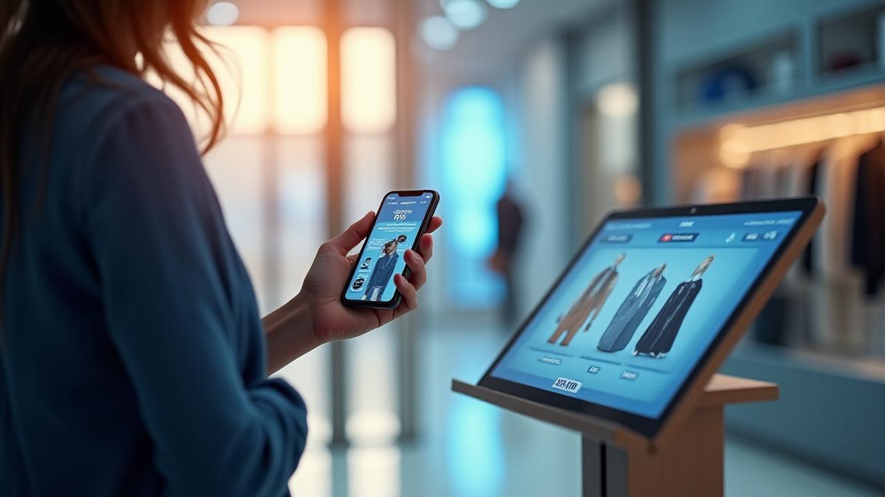 Customer using smartphone in a modern UK retail store environment